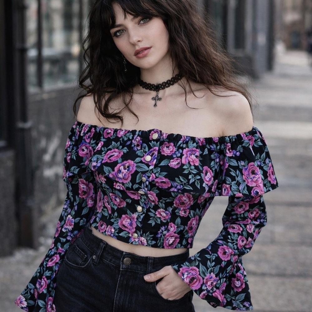 Vintage Sauci California Floral Off Shoulder Crop Top Bell Sleeve USA M